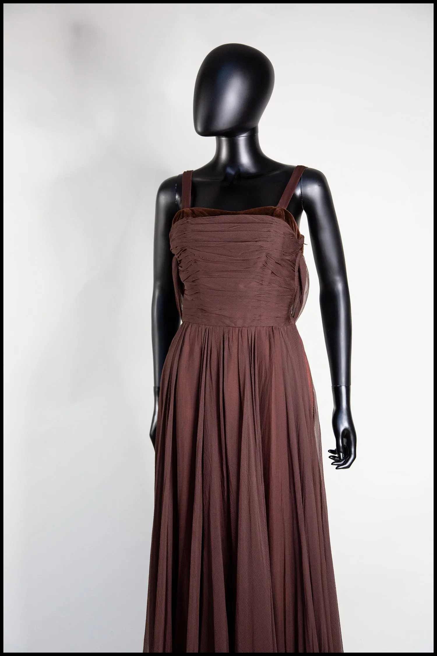 Vintage 1950s Dark Brown Silk Chiffon Maxi Dress