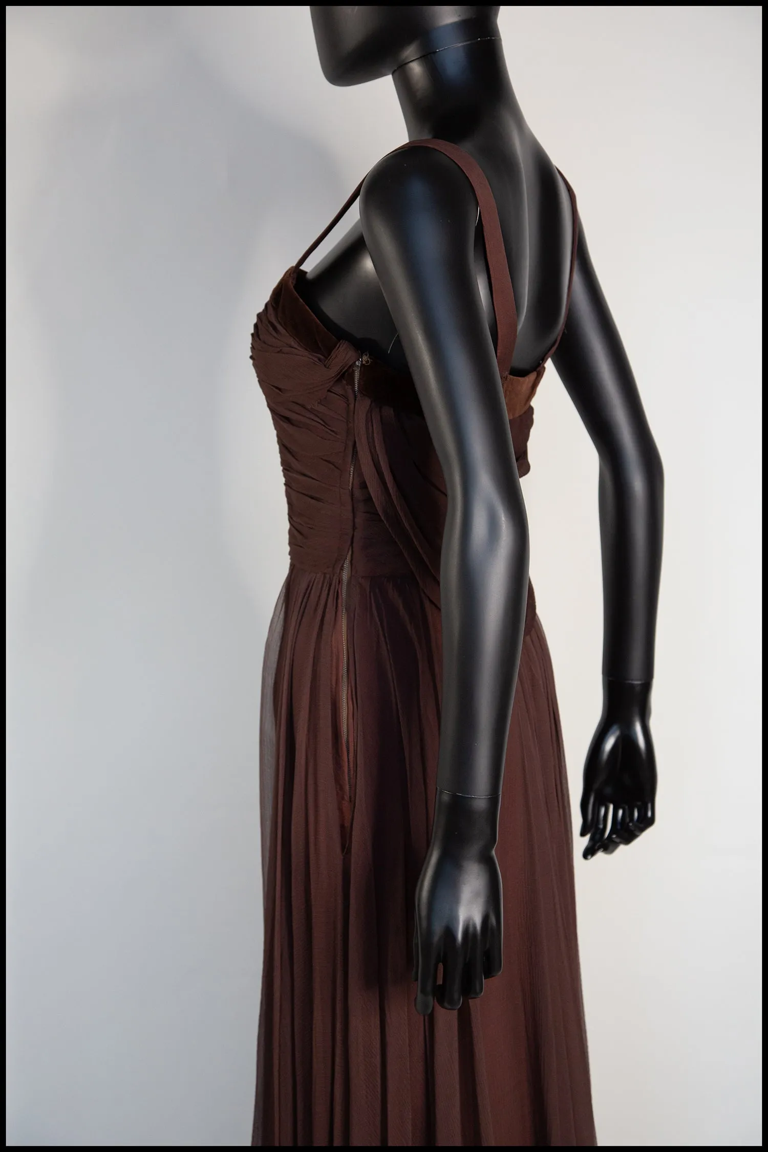 Vintage 1950s Dark Brown Silk Chiffon Maxi Dress