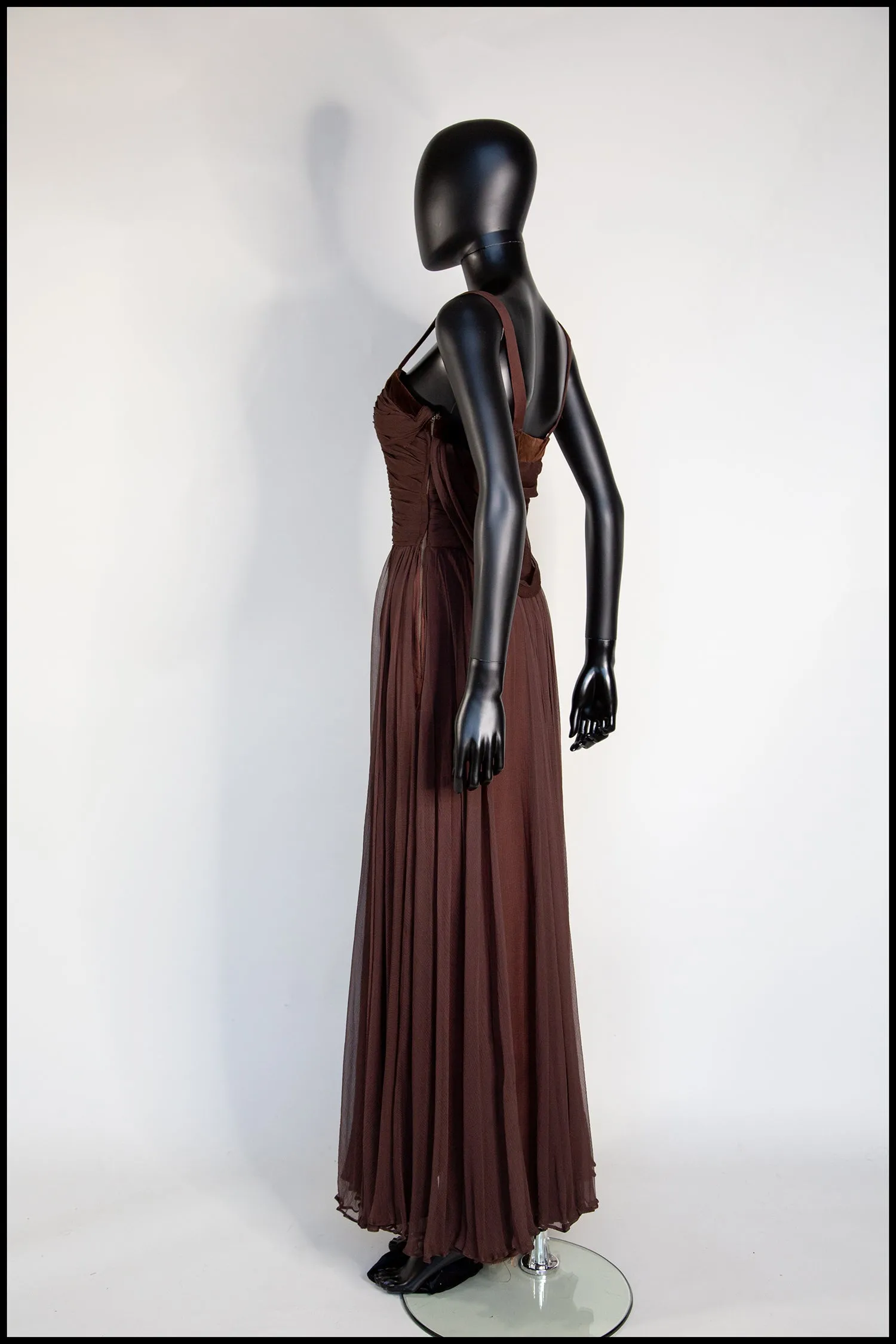 Vintage 1950s Dark Brown Silk Chiffon Maxi Dress