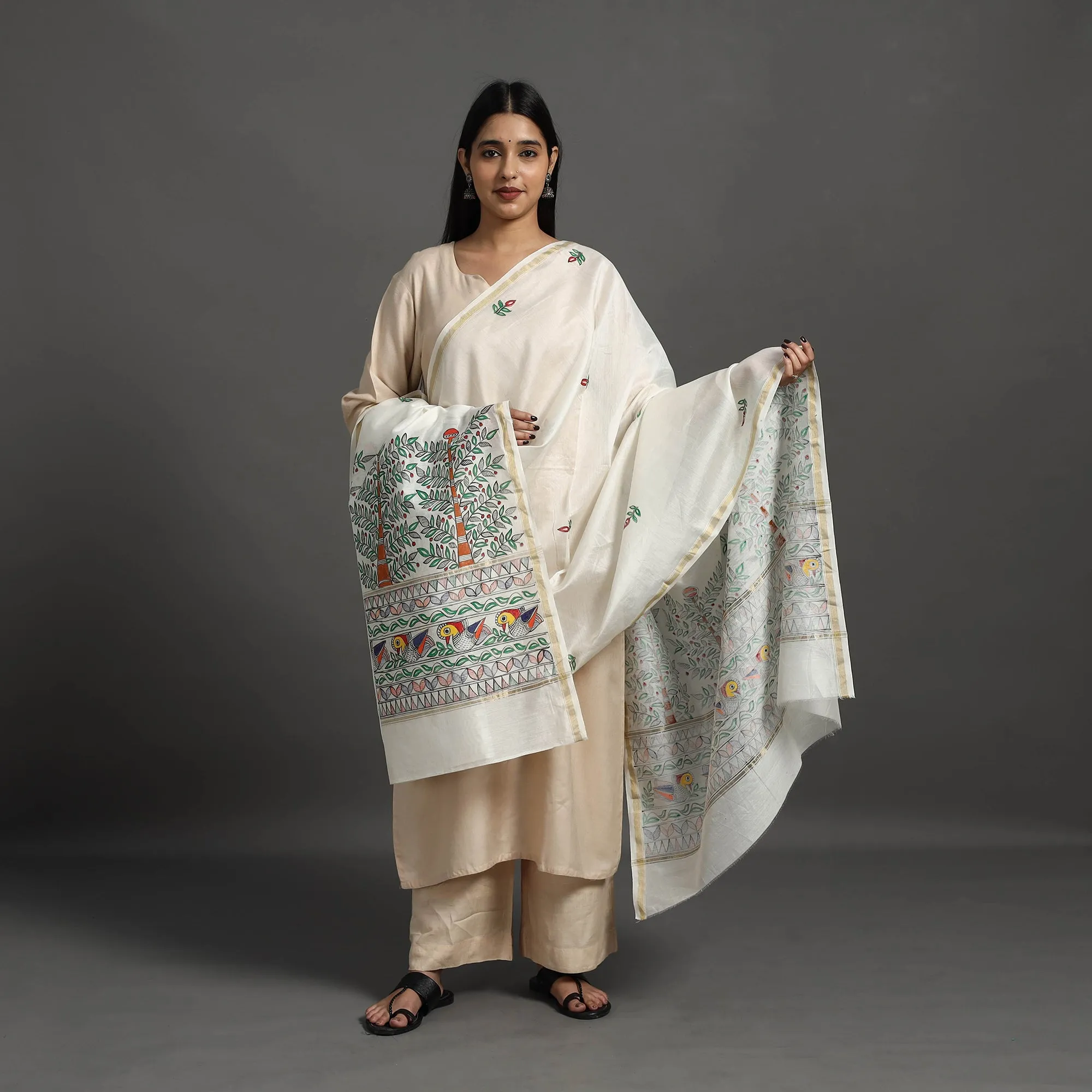 White - Handloom Chanderi Silk Handpainted Madhubani Dupatta 11