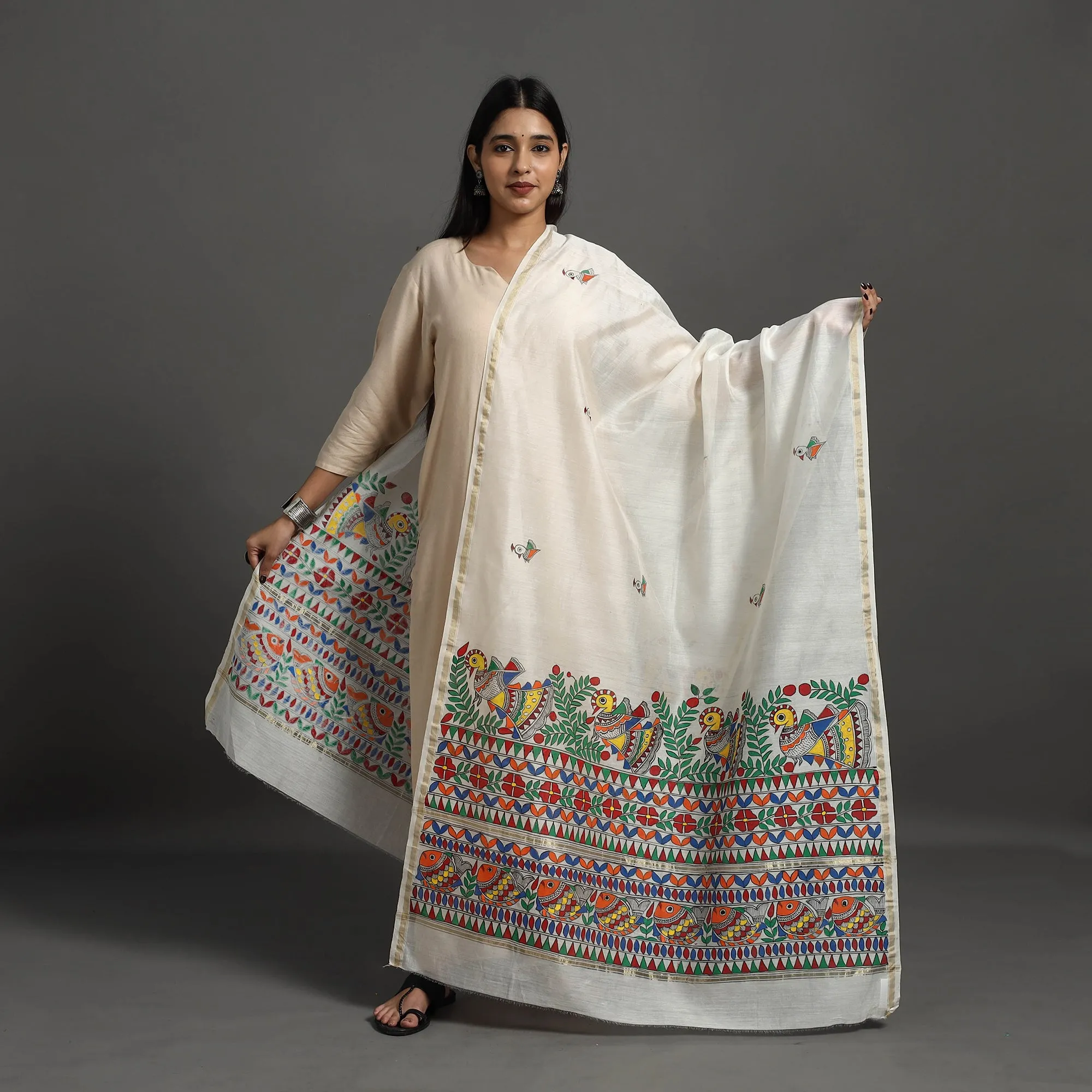 White - Handloom Chanderi Silk Handpainted Madhubani Dupatta 18