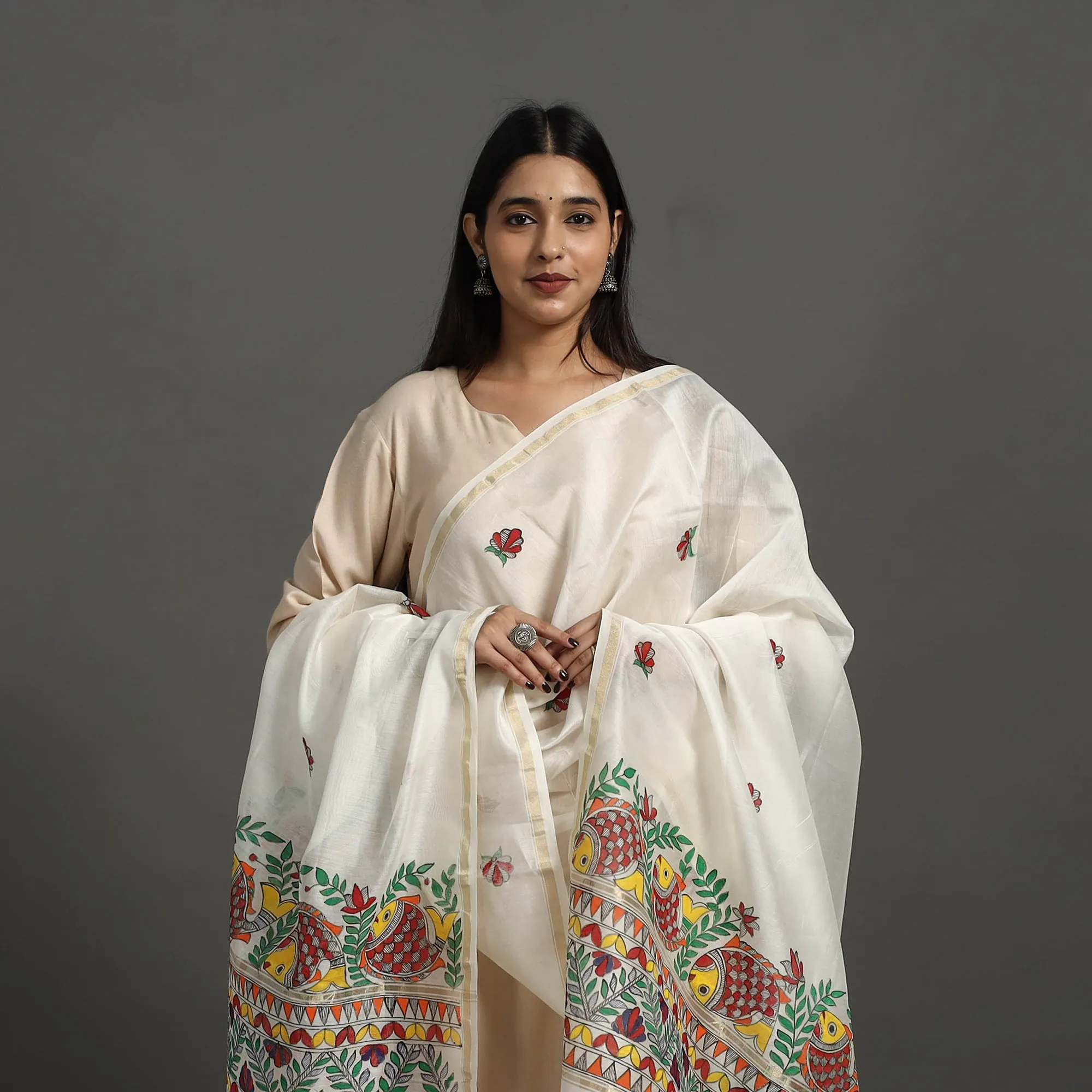 White - Handloom Chanderi Silk Handpainted Madhubani Dupatta 37