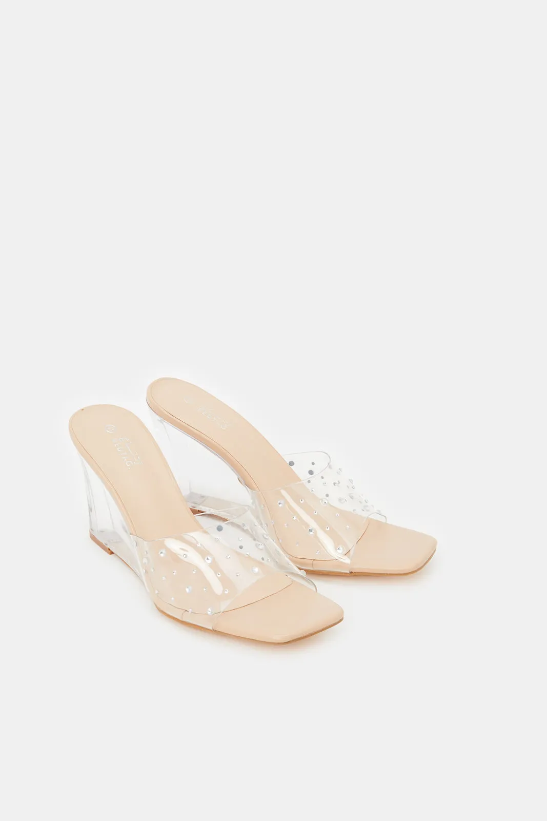 Women Beige Embellished Vinyl Wedge