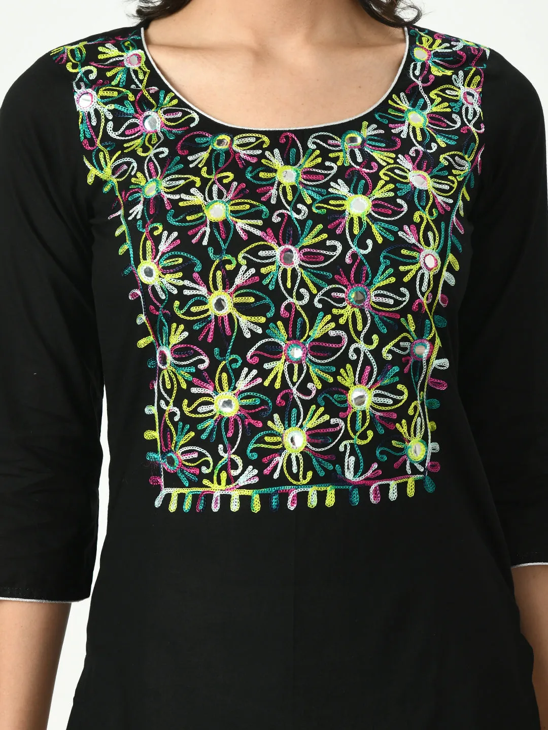 Women Black Embroidered Short Kurti