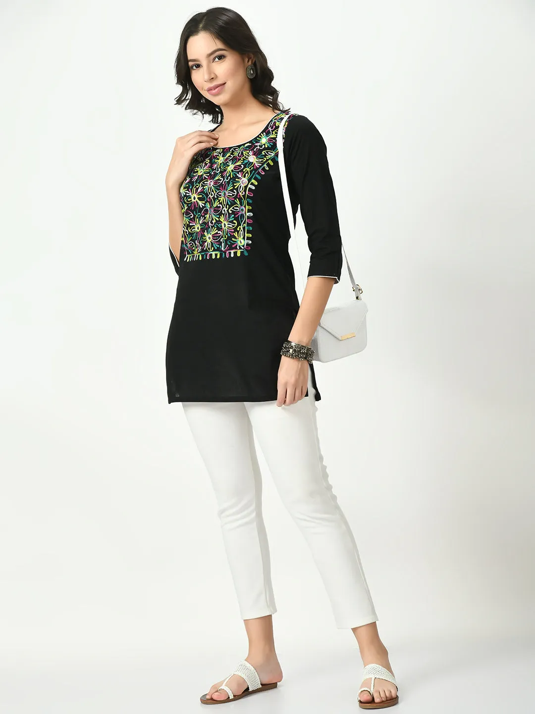 Women Black Embroidered Short Kurti