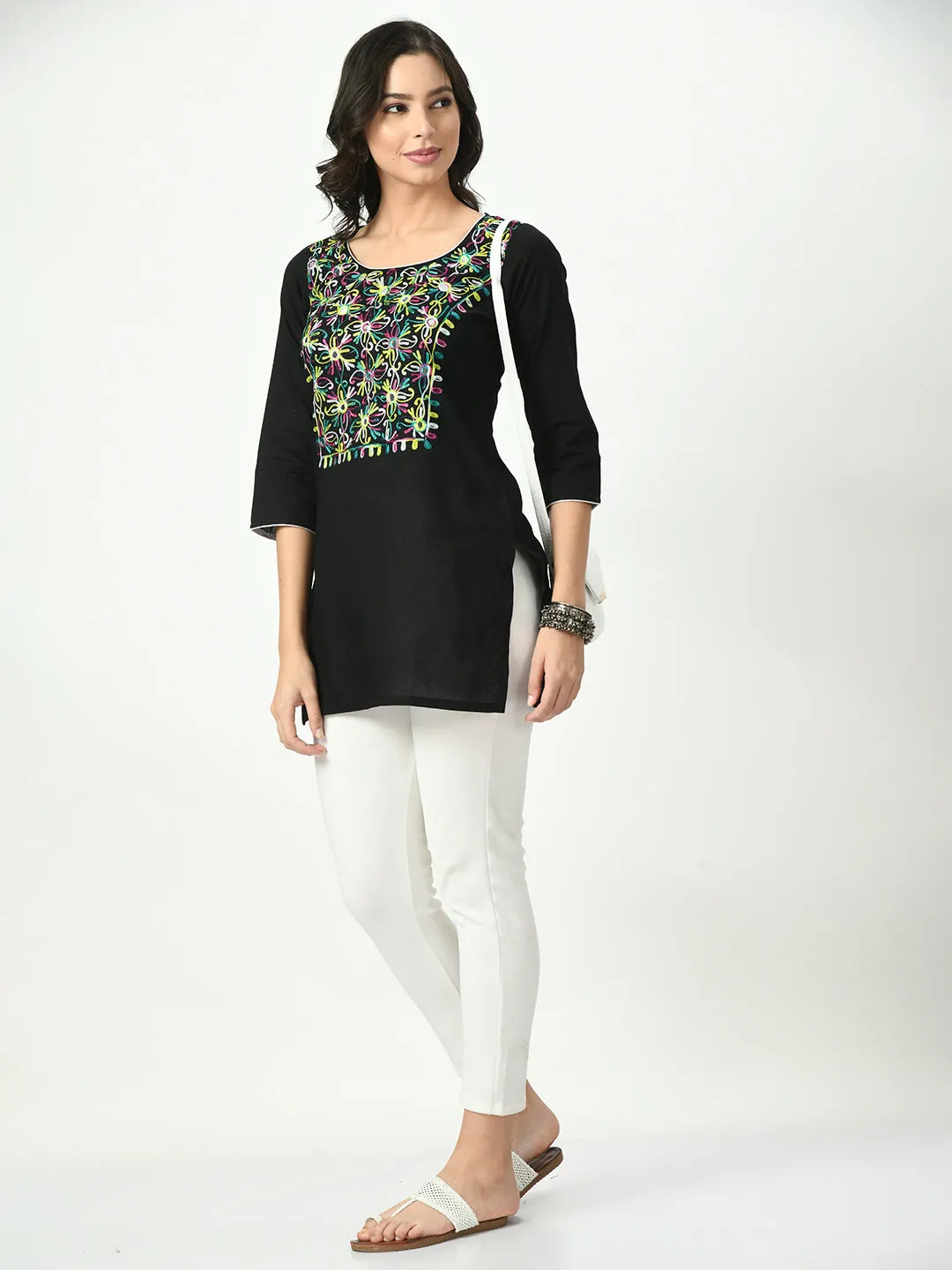 Women Black Embroidered Short Kurti