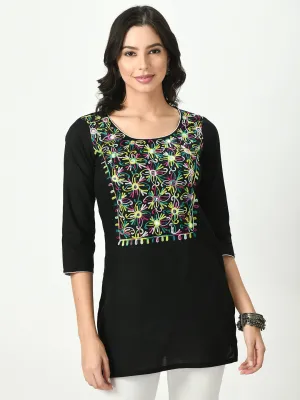 Women Black Embroidered Short Kurti