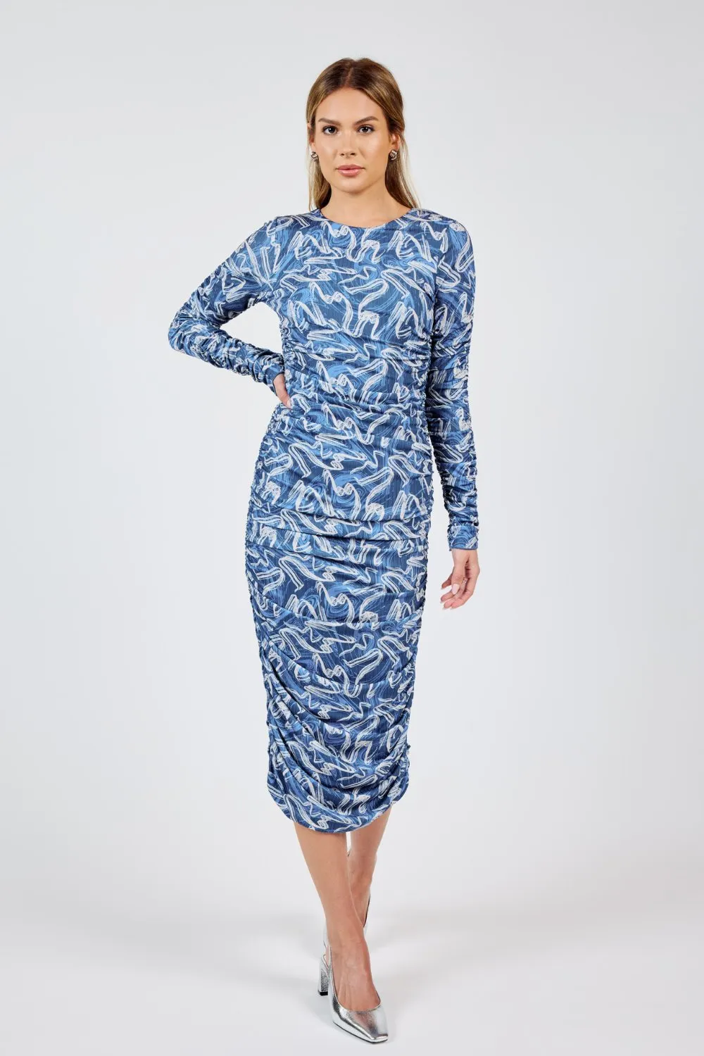 Women's Art Deco Stretch Midi Dress | Blue