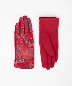 Womens Red Faux Suede Retro Print Gloves